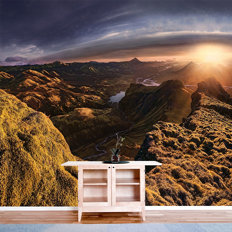 Huge Landscape Wall Mural Decal Above Bed Sunset Mountain with Meandering River Wall Decor in Brown, Washable