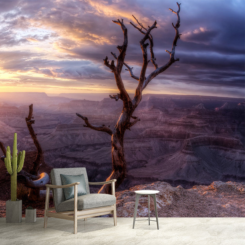 Brown Withered Branch Mural Sunset Mountain Landscape Modern Waterproof Wall Covering