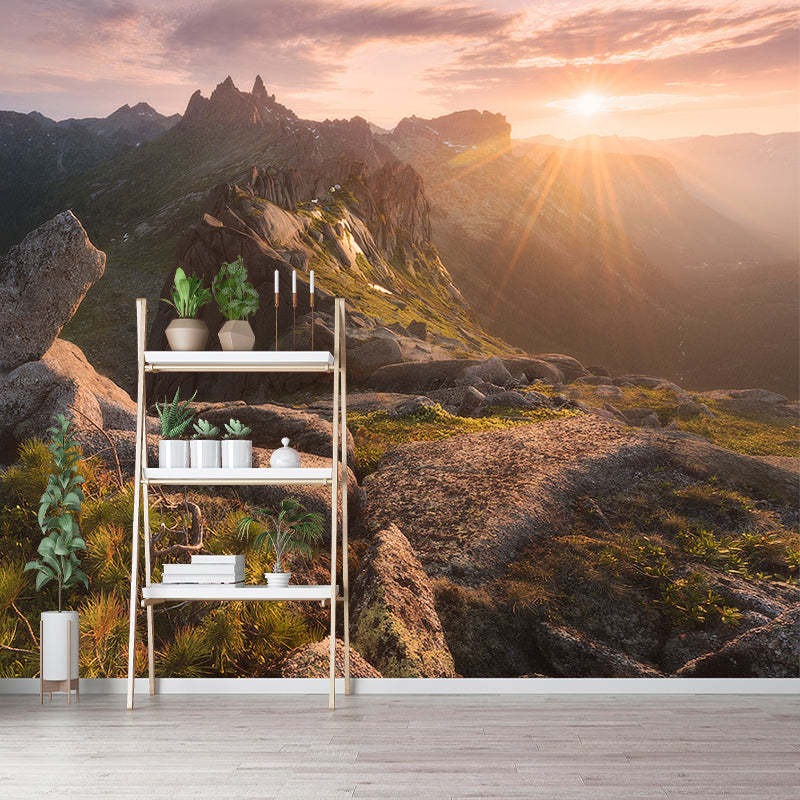 Large Mountain Sunset Landscape Mural Brown Non-Woven Fabric Wall Art, Washable, Optional Size