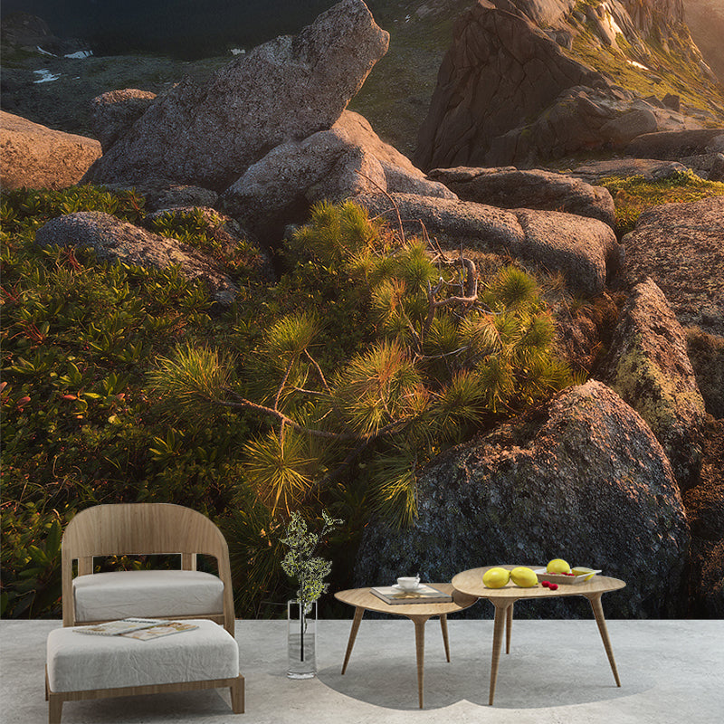 Large Mountain Sunset Landscape Mural Brown Non-Woven Fabric Wall Art, Washable, Optional Size