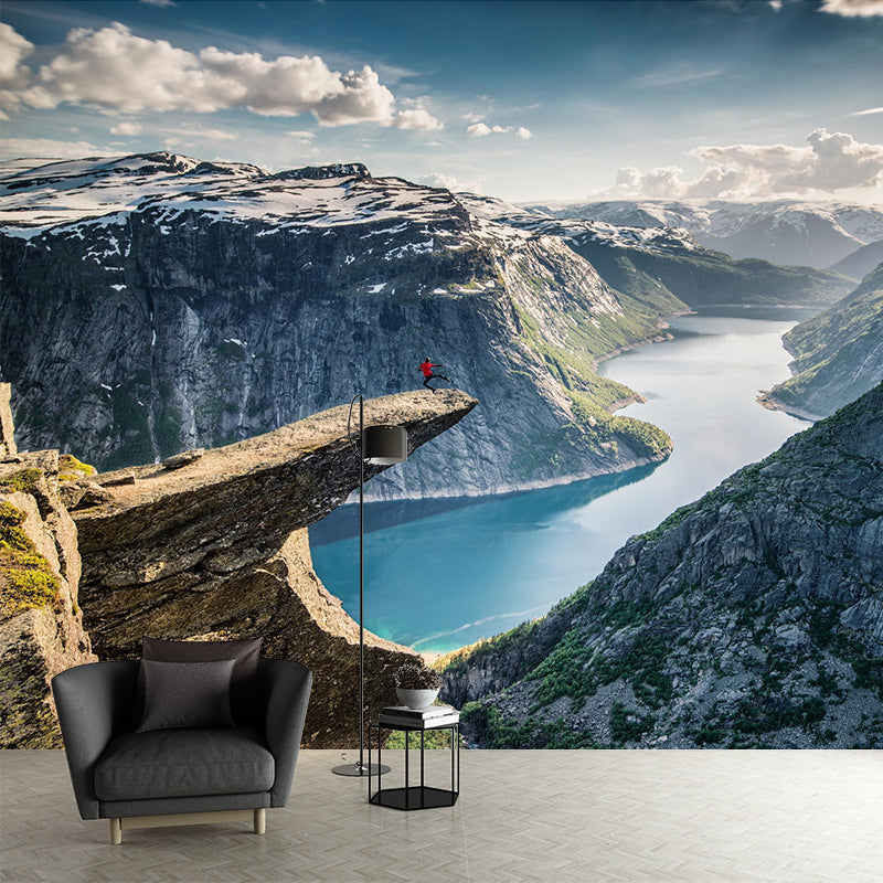 Modern Wide River Mountain Mural Decal Grey Bedroom Wall Art, Custom Size Available