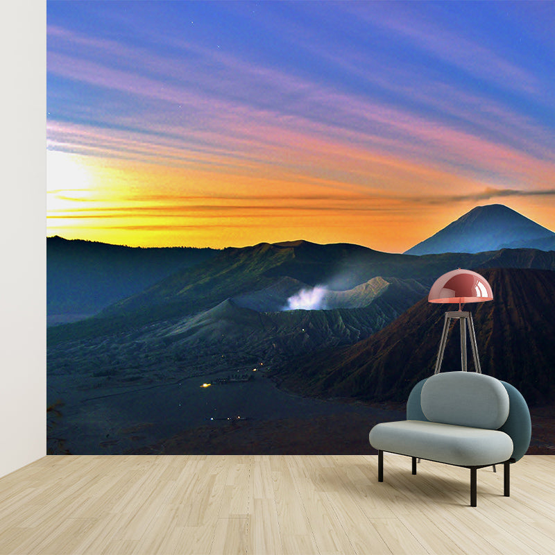 Volcano Hills with Sunlight Mural Blue Modernist Wall Art for Bedroom, Custom Made