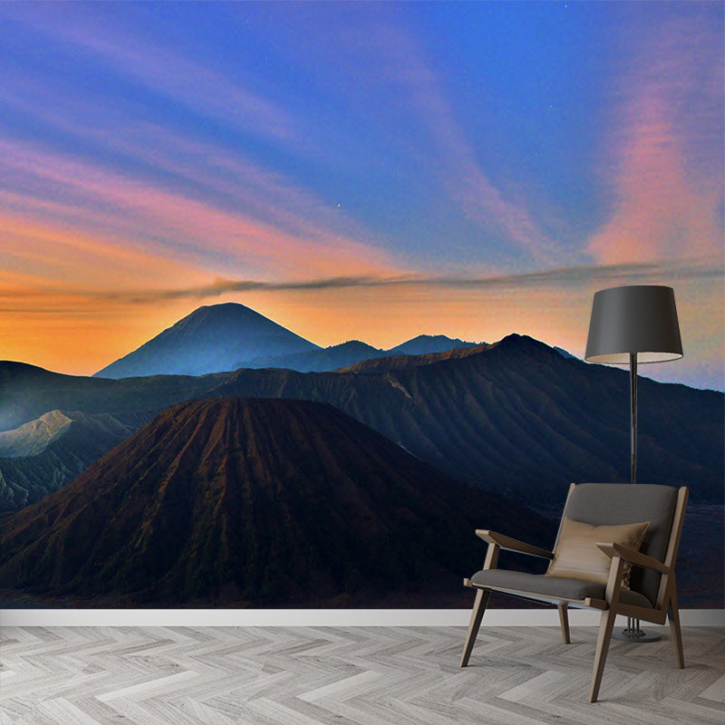 Volcano Hills with Sunlight Mural Blue Modernist Wall Art for Bedroom, Custom Made
