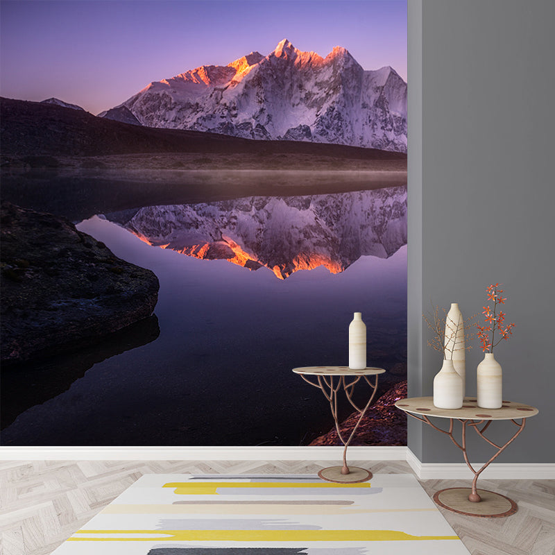 Snow Mountain River Reflection Mural Modern Washable Indoor Wall Covering in Purple, Custom-Print