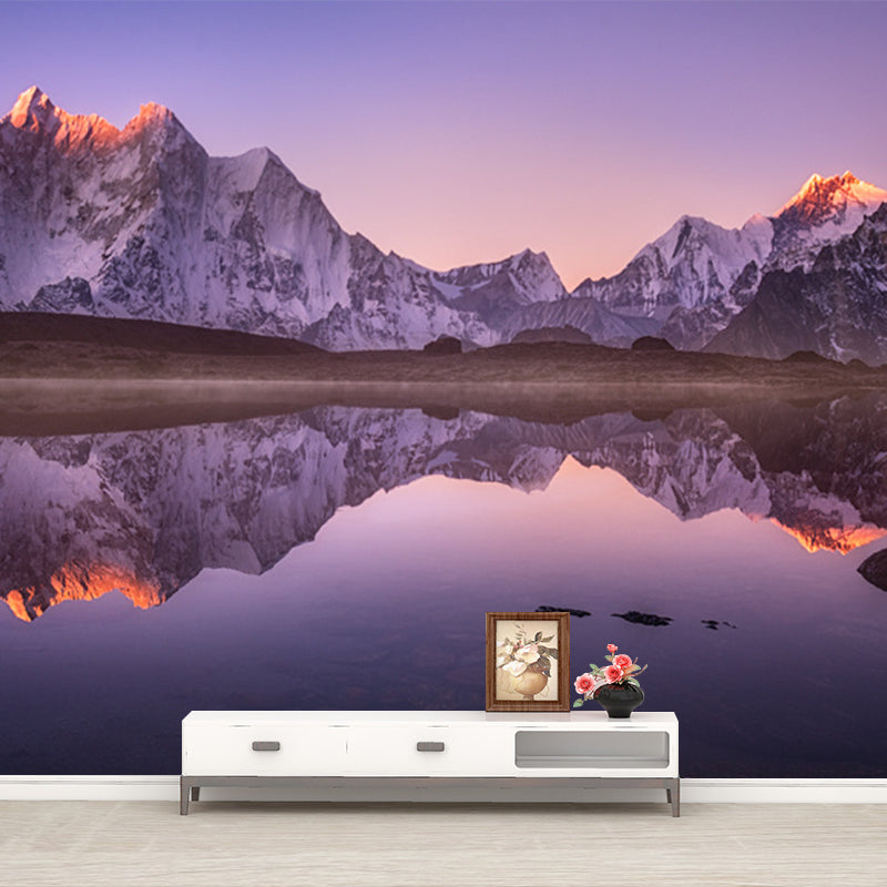 Snow Mountain River Reflection Mural Modern Washable Indoor Wall Covering in Purple, Custom-Print