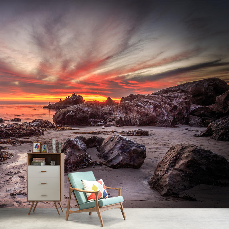 Giant Modernist Mural Wallpaper Brown Tidal Flats with Evening Glow Sky Wall Art