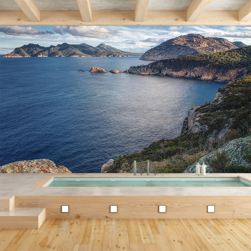 Nordic Ocean Mountains Mural Wallpaper Blue Stain-Resistant Wall Art for Living Room