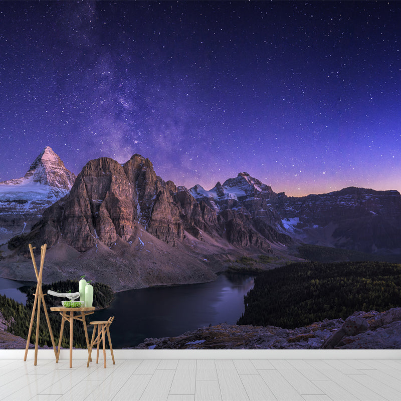 Purple Starry Night View Mural Mountain Scenery Modern Waterproof Wall Decor for Home