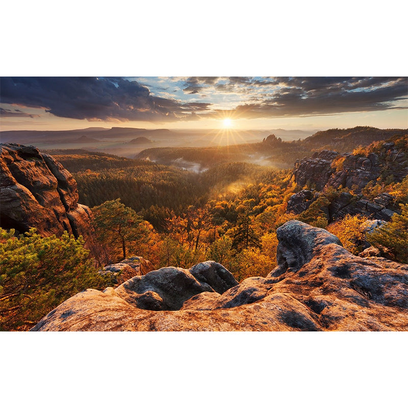 Fall Season Mountain View Mural in Brown Modern Wall Covering for Bedroom, Custom-Made