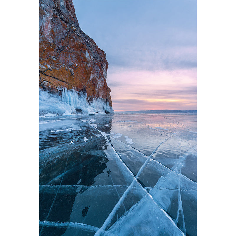 Mountain with Crackle Ice Mural Blue Modernist Wall Decoration for Home, Non-Woven