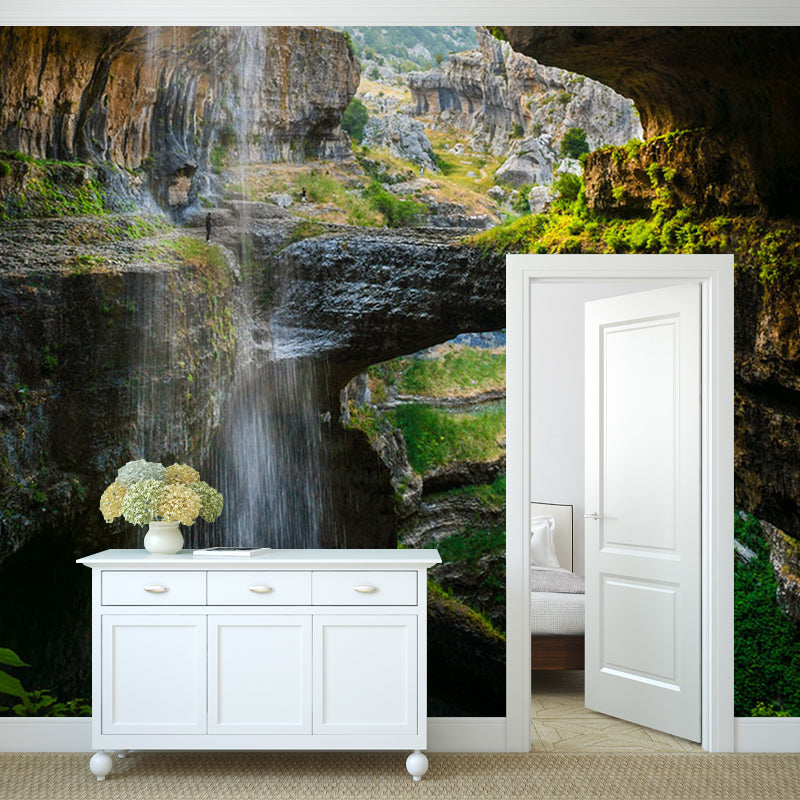 Modern Interior View Mural Green Cave with Cascade Landscape Wall Decor, Made to Measure