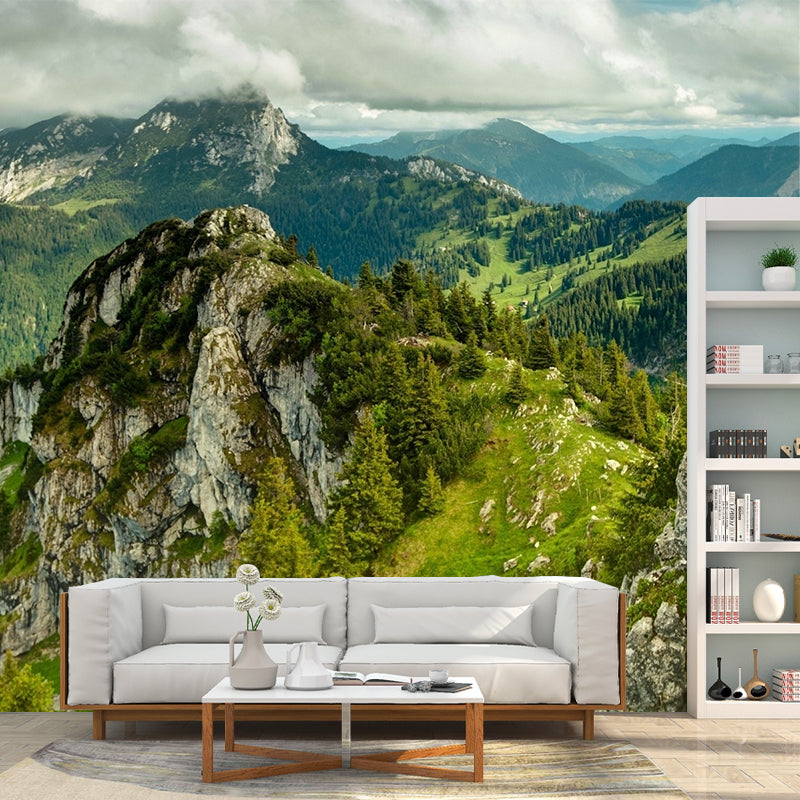 Aerial View of Mountain Mural Wallpaper Green Modern Style Wall Covering for Living Room