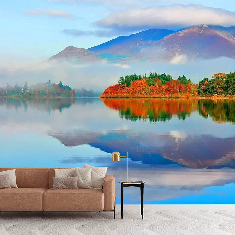 Blue Contemporary Wall Mural Big Autumn Forest by the Mirror Lake Wall Decor for Home