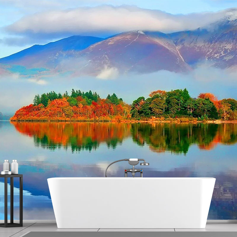 Blue Contemporary Wall Mural Big Autumn Forest by the Mirror Lake Wall Decor for Home