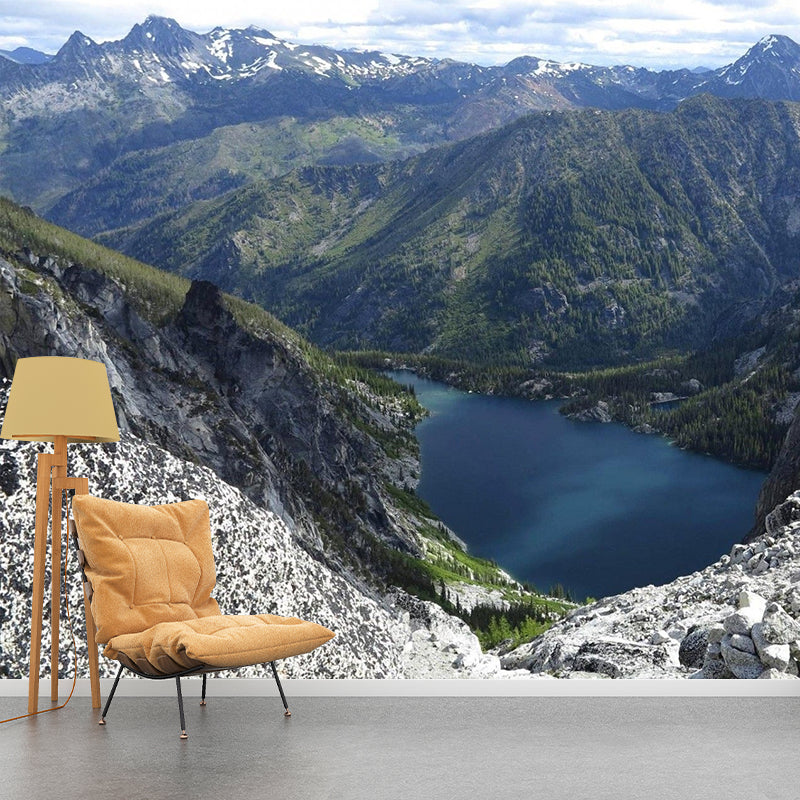 River Among Mountains Scenery Mural Decal Contemporary Non-Woven Wall Art in Green