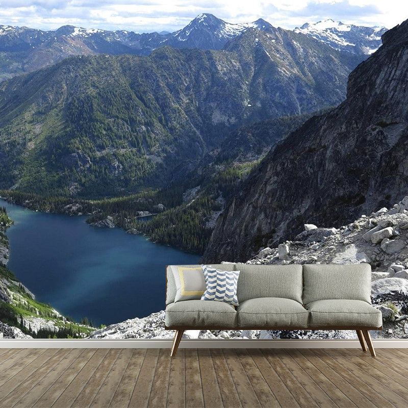 River Among Mountains Scenery Mural Decal Contemporary Non-Woven Wall Art in Green