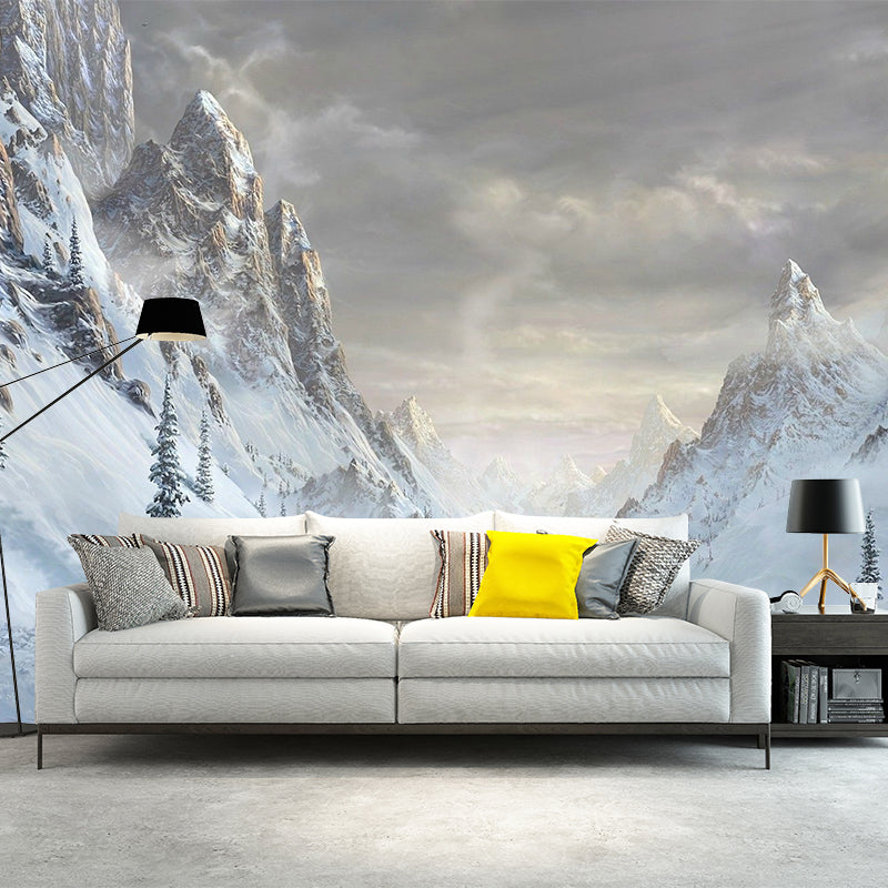 Mountain Covered with Snow Mural in White Modern Style Wall Art for Living Room, Custom Print