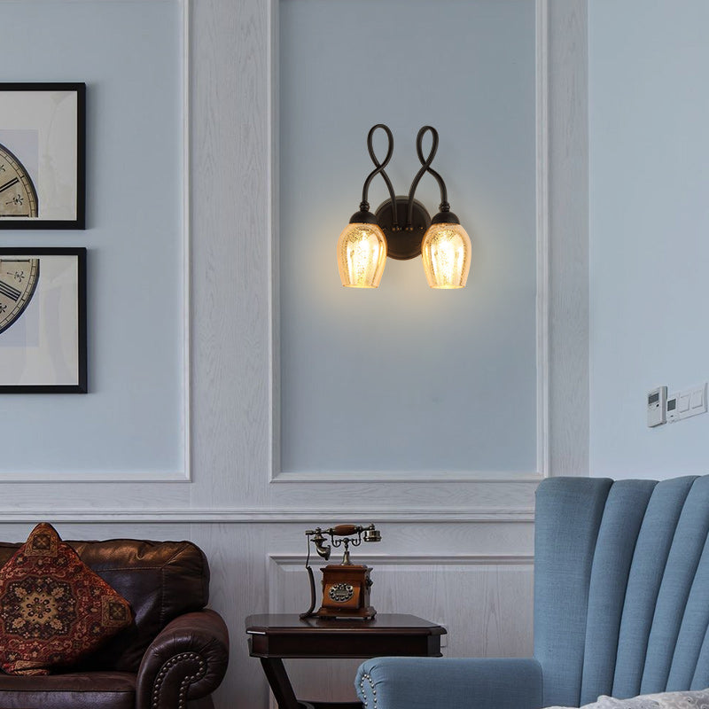 1/2-Light Wall Sconce Lighting Curved Arm Crackled Mercury Glass Industrial Bedroom Light Fixture in Black