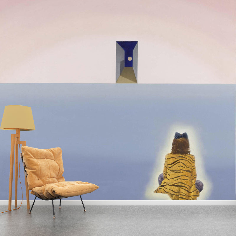 Large Woman and Door Mural Moisture Resistant Surrealism Bedroom Wall Art in Blue