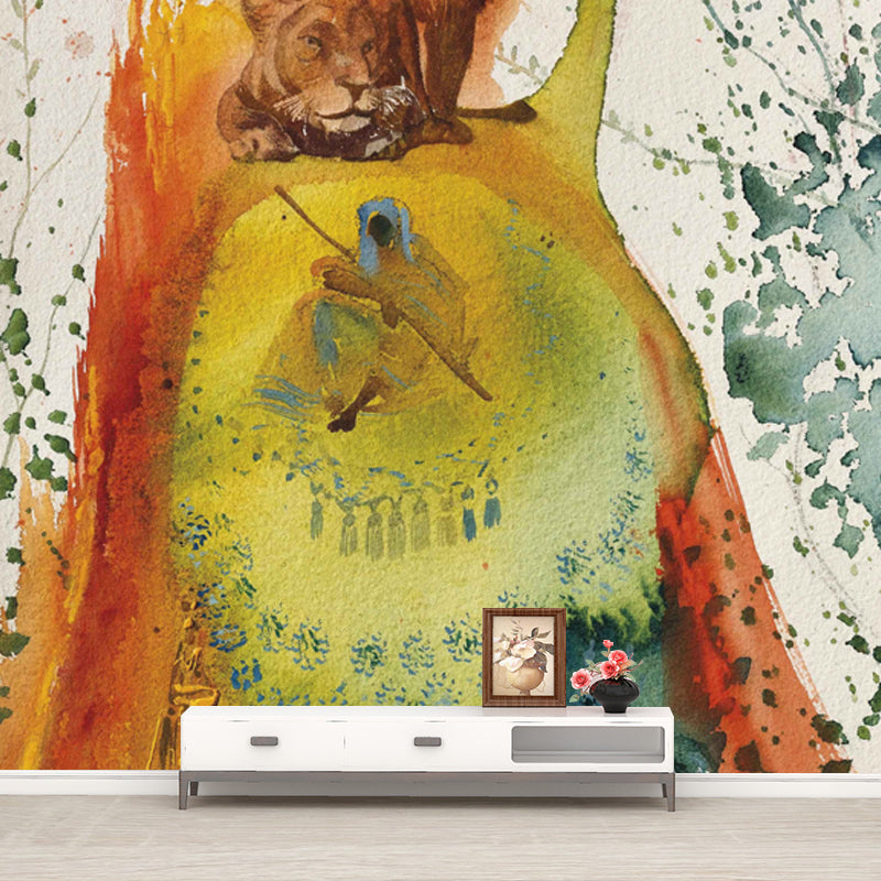 Surrealist Lions Painting Mural for Accent Wall Custom Wall Decoration in Yellow