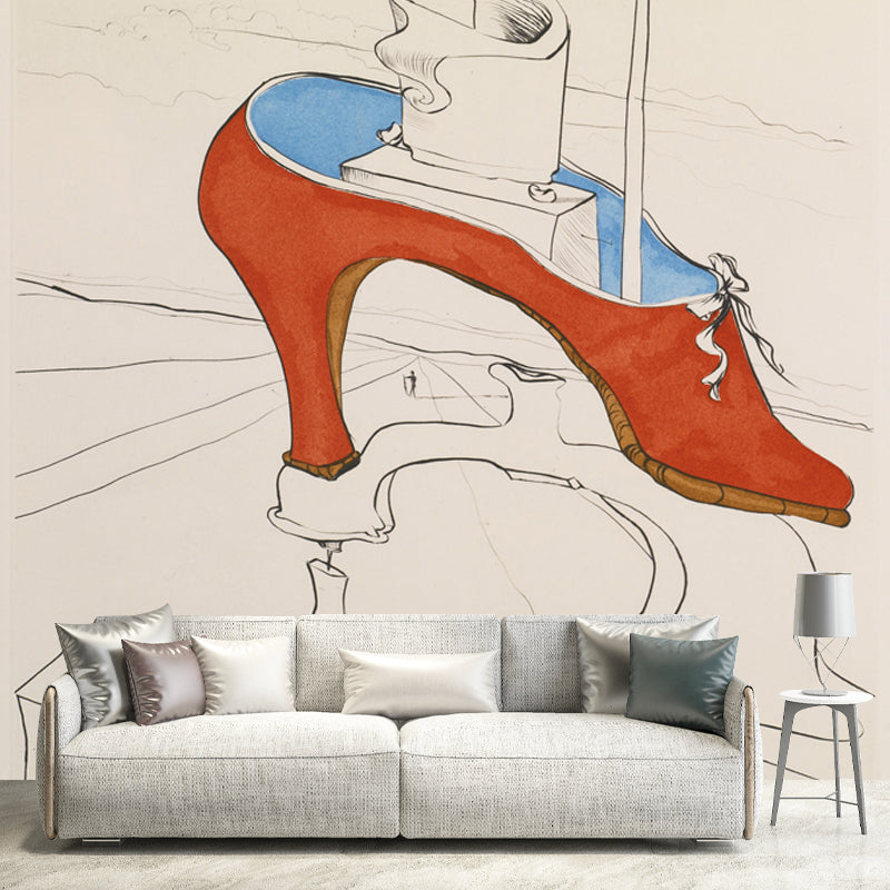 Large Shoe Producing Wall Mural in Red Non-Woven Wall Decor, Moisture Resistant, Custom Made