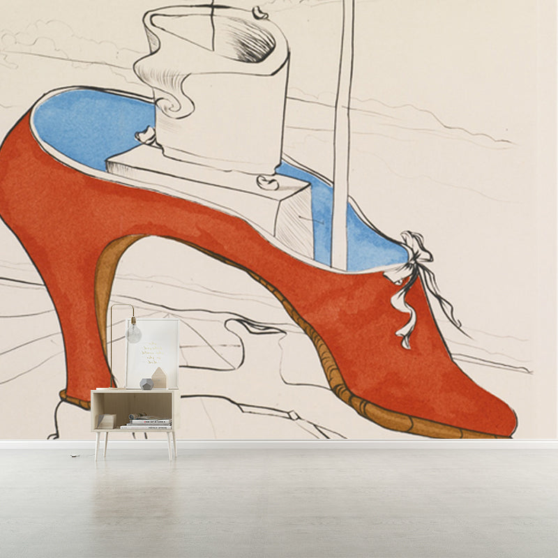 Large Shoe Producing Wall Mural in Red Non-Woven Wall Decor, Moisture Resistant, Custom Made