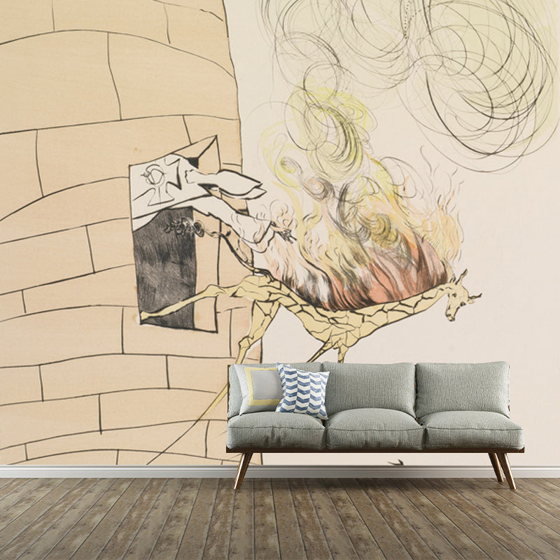 Huge Dali Drawing Mural Surreal Creative Horse Thrown Out of Fortress Wall Art in Beige