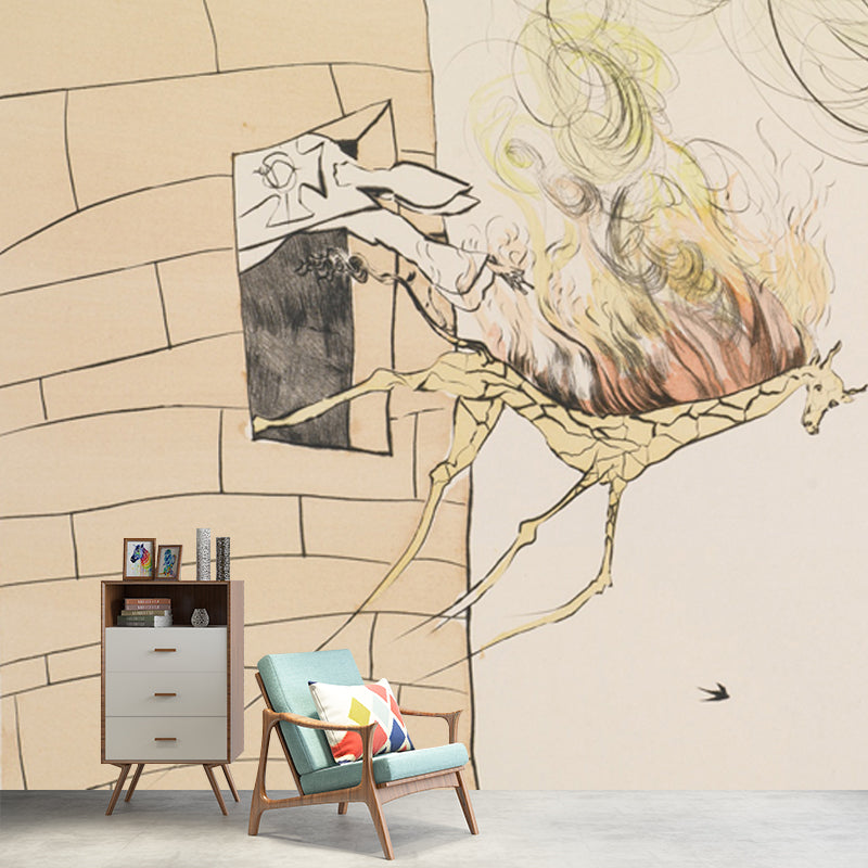 Huge Dali Drawing Mural Surreal Creative Horse Thrown Out of Fortress Wall Art in Beige