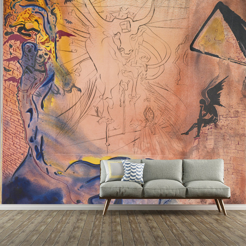 Surrealist Bull Sketch Wallpaper Mural Brown Indoor Wall Art, Customized Size Available
