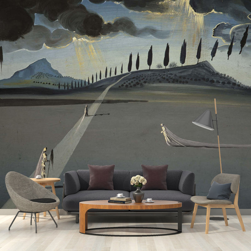 Surreal Dali Artwork Mural Decal Grey Ghost Bride in Night Street Wall Covering for Home