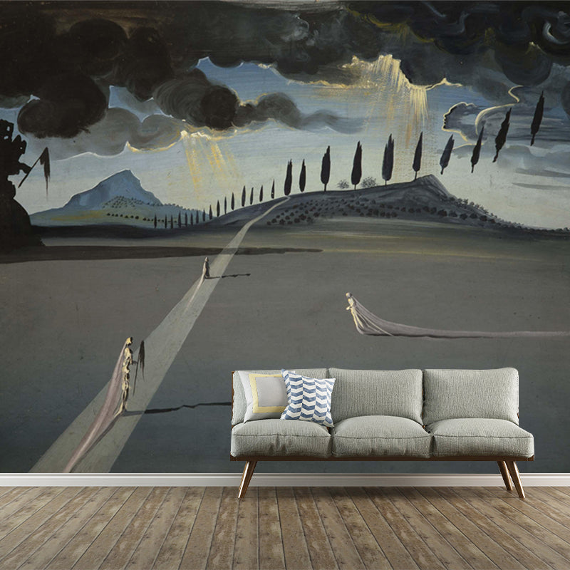 Surreal Dali Artwork Mural Decal Grey Ghost Bride in Night Street Wall Covering for Home