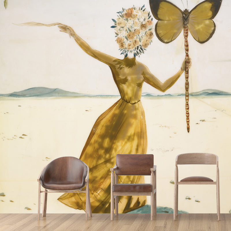 Yellow Dali Butterfly Drawing Mural Little Girl with Flower Head Surreal Washable Wall Art