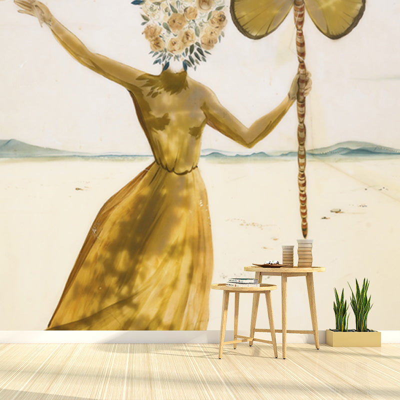 Yellow Dali Butterfly Drawing Mural Little Girl with Flower Head Surreal Washable Wall Art
