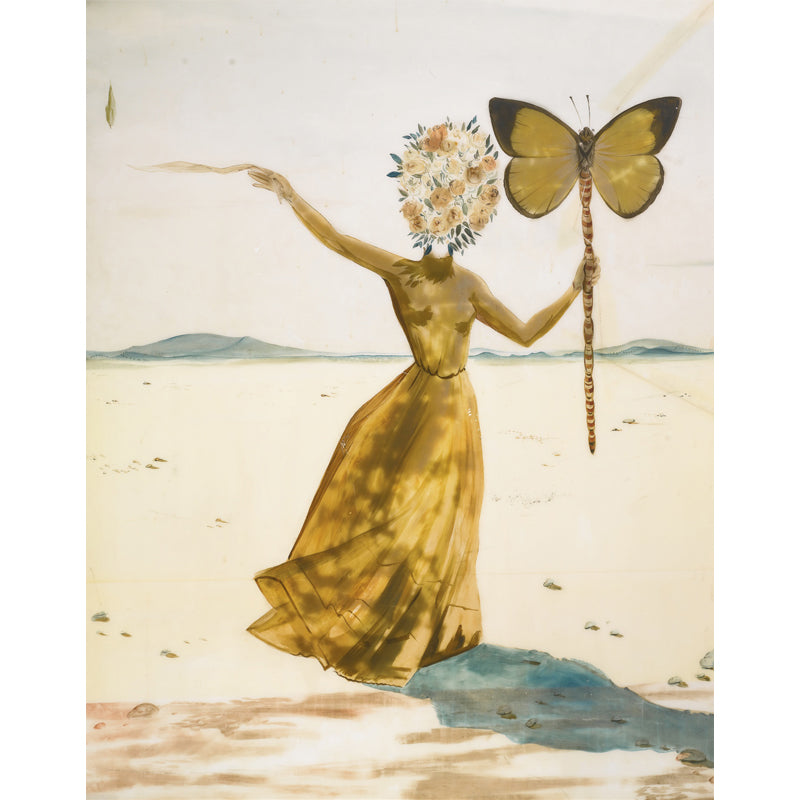 Yellow Dali Butterfly Drawing Mural Little Girl with Flower Head Surreal Washable Wall Art