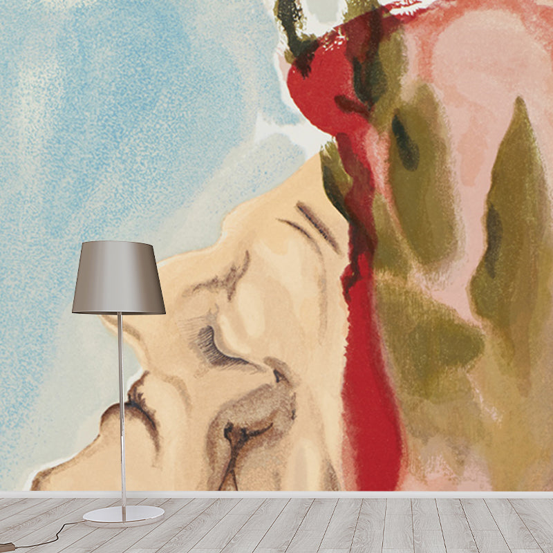 Aged Woman Side Portrait Mural in Brown Surrealism Wall Covering for Living Room