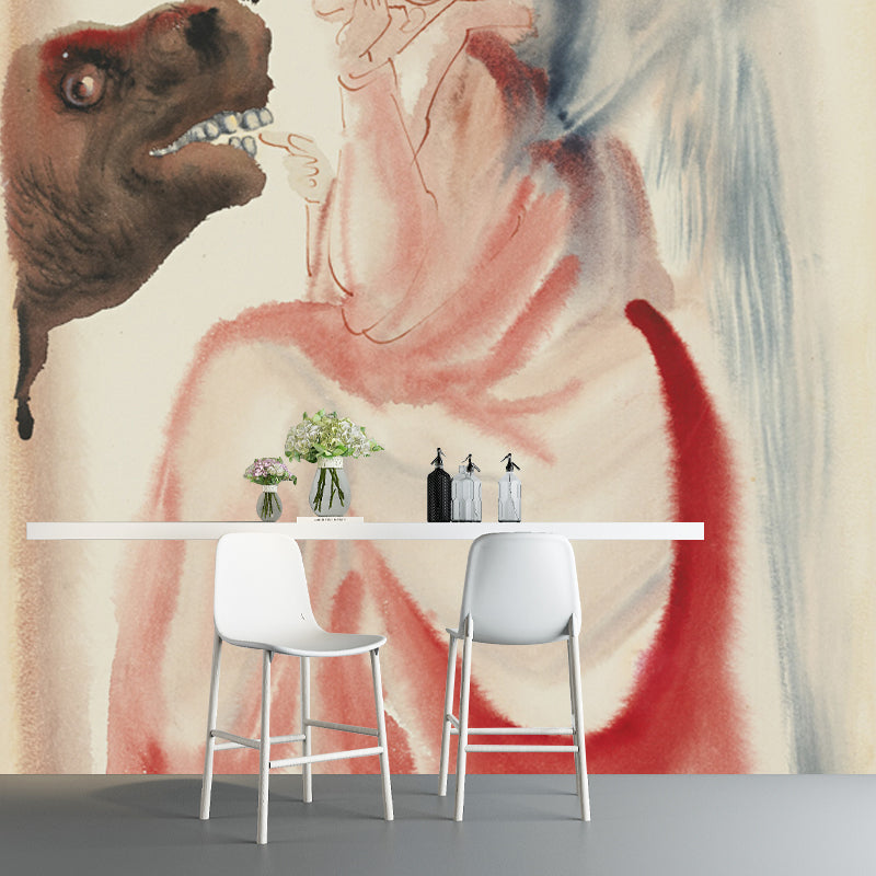Red Angel Feeding Rhino Mural Decal Washable Wall Art for Hallway, Made to Measure