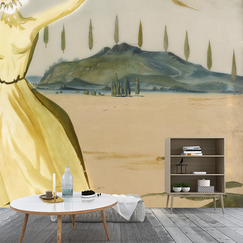Illustration Gala Dress Mural Wallpaper for Accent Wall, Yellow, Personalized Size