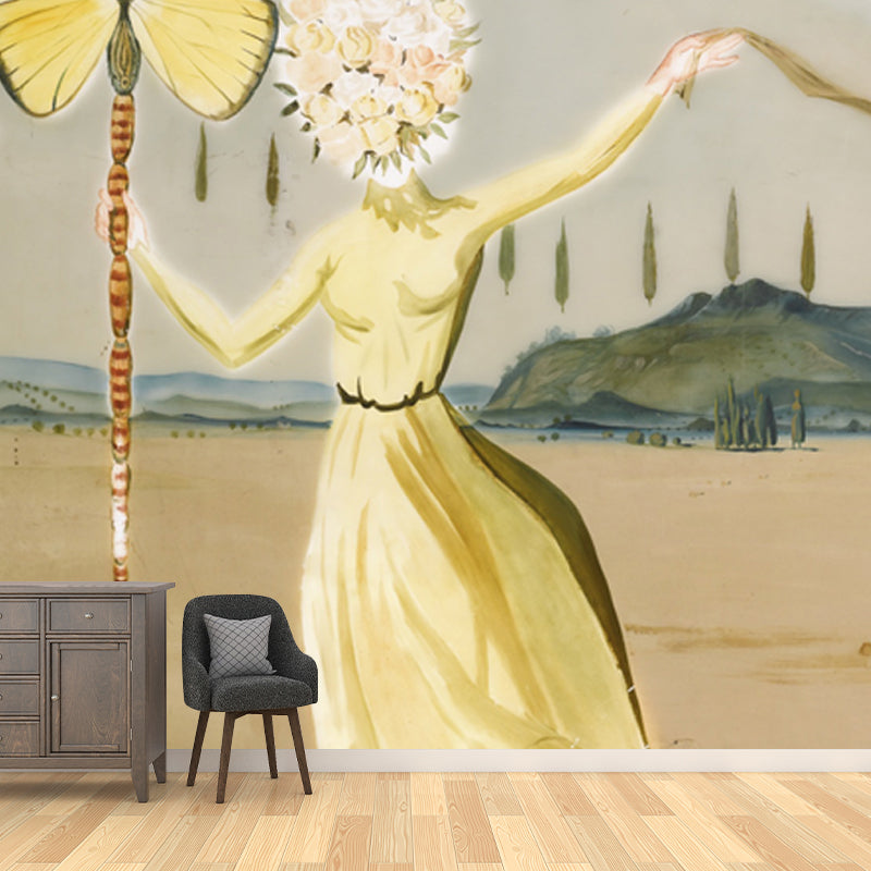 Illustration Gala Dress Mural Wallpaper for Accent Wall, Yellow, Personalized Size
