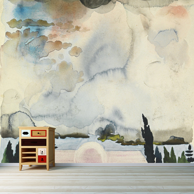 Surreal Church Landscape Painting Mural in Green Moisture Resistant Wall Decor, Custom Size
