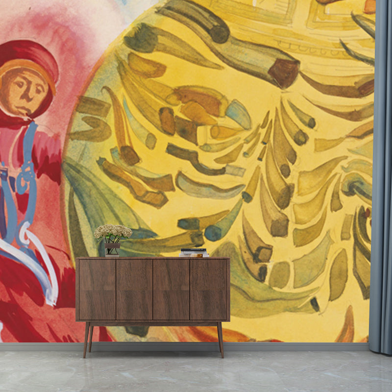 Spacemen in Sphere Mural Wallpaper Red and Yellow Surrealism Wall Decor for Bedroom