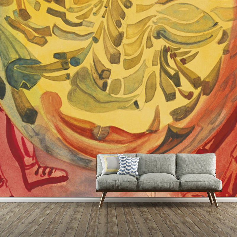 Spacemen in Sphere Mural Wallpaper Red and Yellow Surrealism Wall Decor for Bedroom