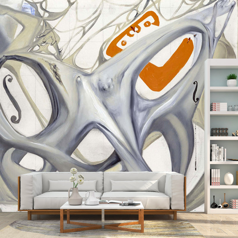 Huge Surrealist Mural Grey Topological Contortion of A Female Figure Becoming A Violoncello Wall Art, Custom Made