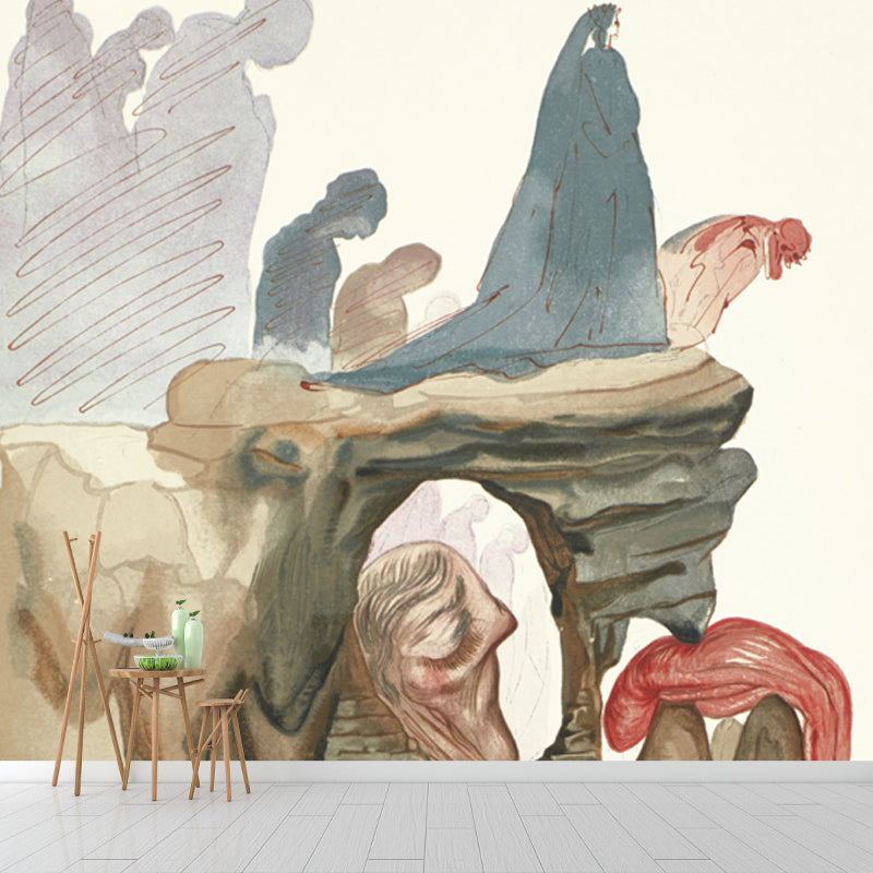 Big Christian Wall Mural Surrealistic Inspiring Praying on the Cliff Wall Decor in Blue