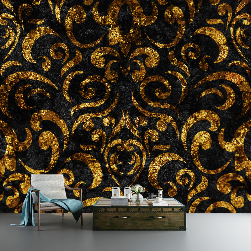 Dark Color Scrolls Foil Mural Stain-Resistant Nostalgic Living Room Wall Covering