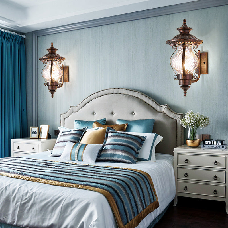 1 Light Pressed Ribbed Glass Wall Sconce Light Industrial Black Lantern Bedroom Lighting Fixture in Weathered Copper