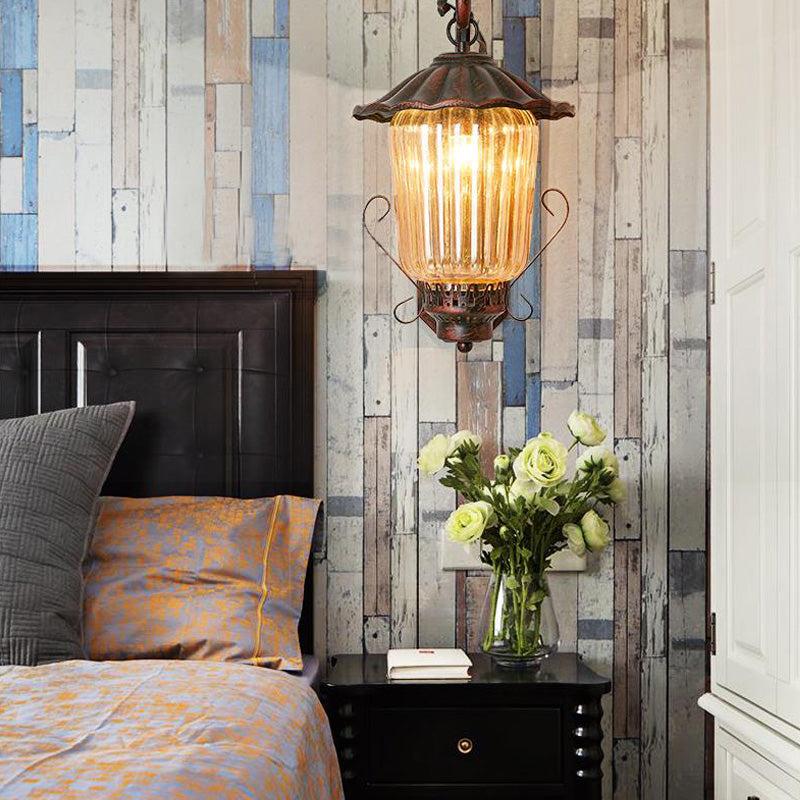 1 Light Pressed Ribbed Glass Wall Sconce Light Industrial Black Lantern Bedroom Lighting Fixture in Weathered Copper