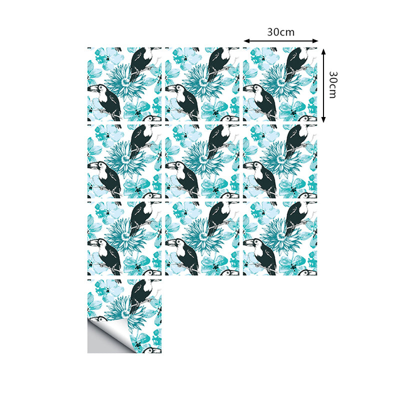 Hand Script Self Adhesive Wallpapers Rustic Cool Bird and Flower Wall Decor in Blue, 9.7-sq ft (10 Pcs)
