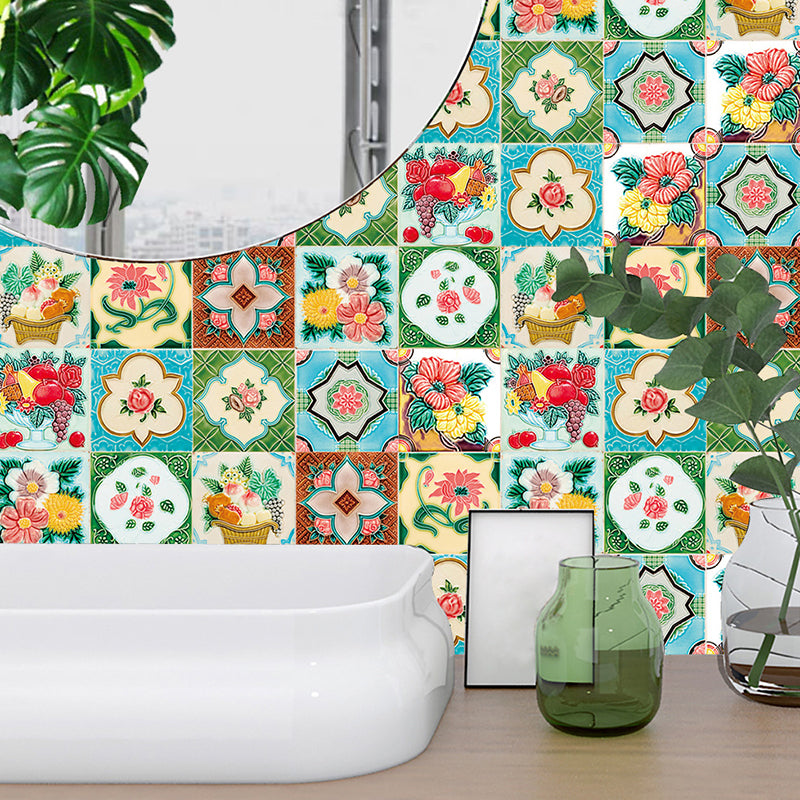 Countryside Flowers Wallpaper Panels 10 Pieces Green Stick On Wall Covering for Dining Room