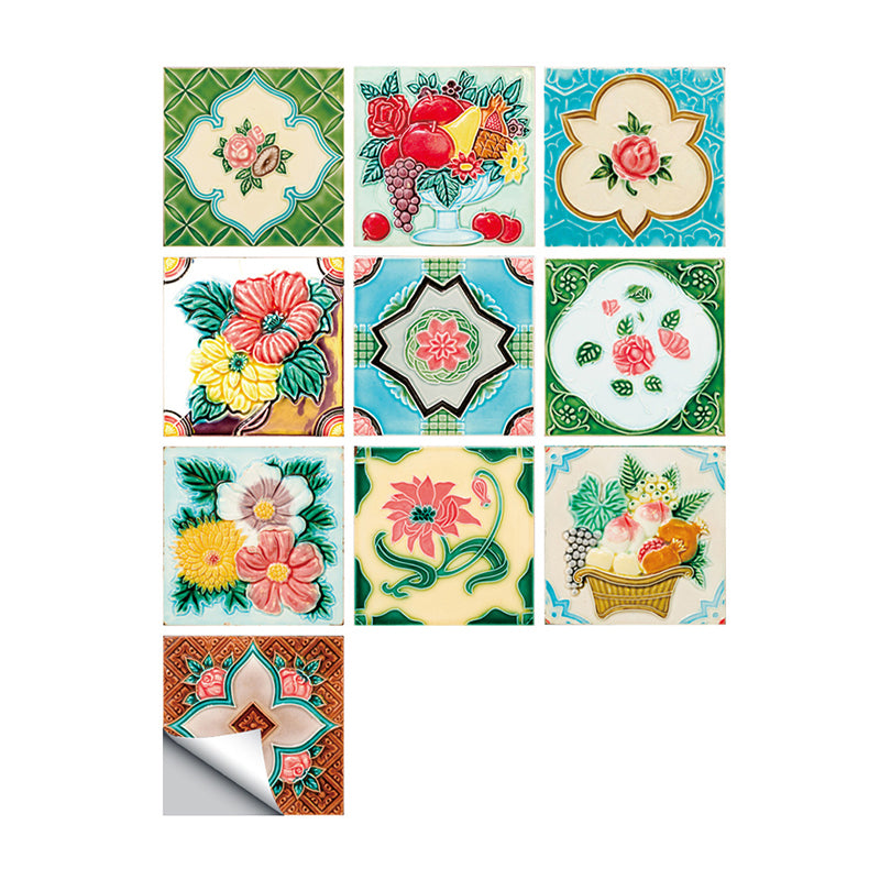 Countryside Flowers Wallpaper Panels 10 Pieces Green Stick On Wall Covering for Dining Room