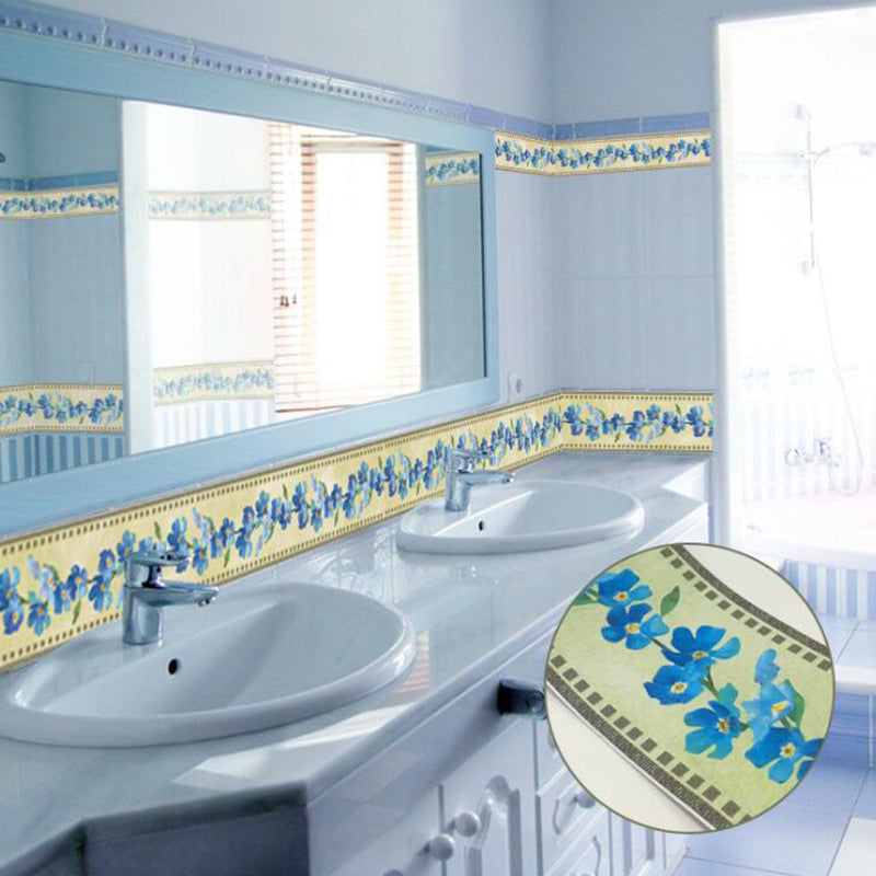 Blue Flower Pattern Wallpaper Borders Self-Adhesive Rustic Washroom Wall Art, 2 Pieces
